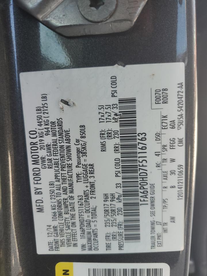 2015 Ford Fusion Se VIN: 1FA6P0HD7F5116763 Lot: 81604765