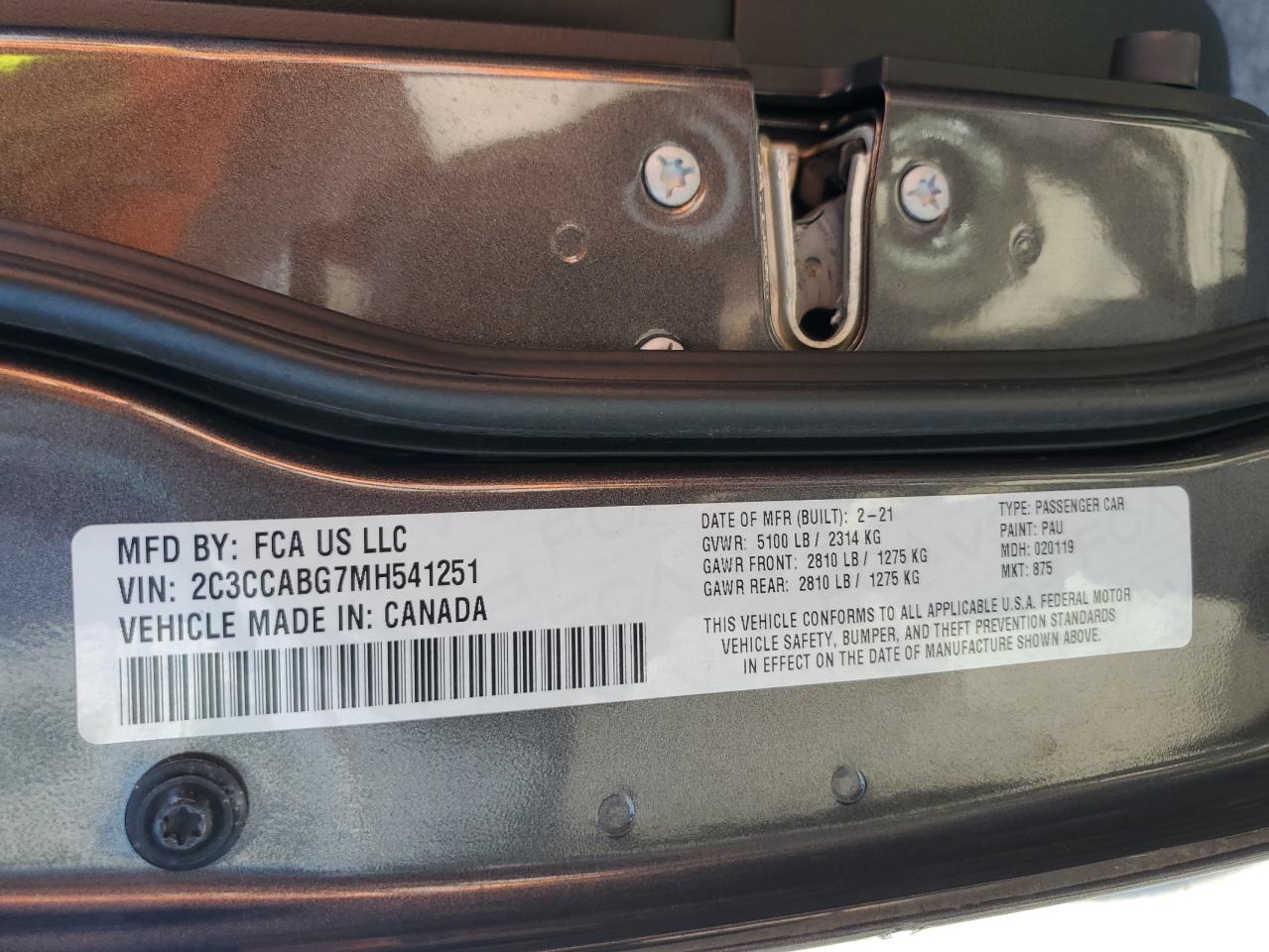 2021 Chrysler 300 S VIN: 2C3CCABG7MH541251 Lot: 85312585