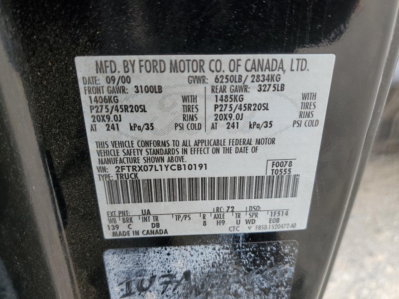 2000 Ford F150 VIN: 2FTRX07L1YCB10191 Lot: 86184045
