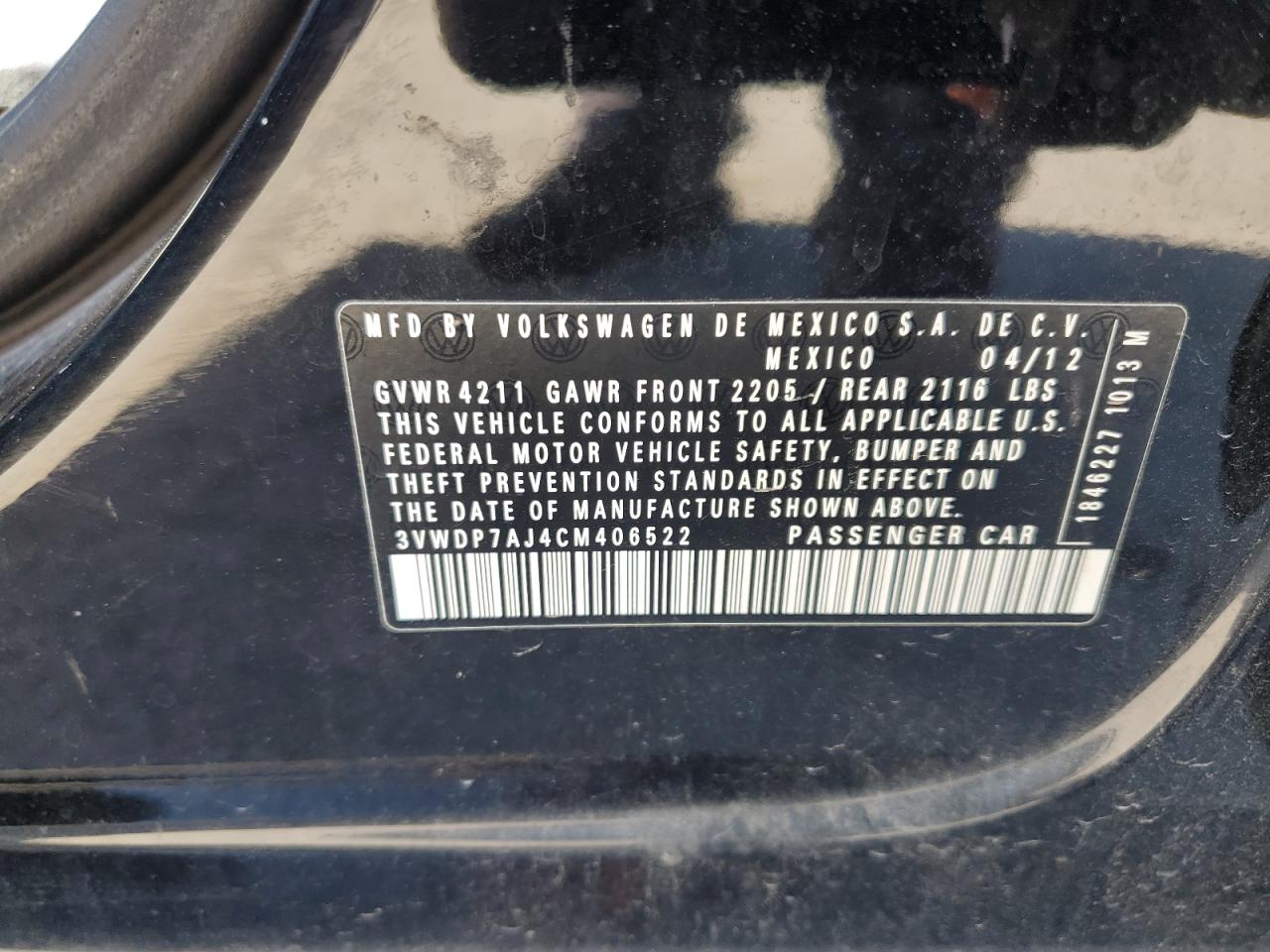 2012 Volkswagen Jetta Se VIN: 3VWDP7AJ4CM406522 Lot: 85896425