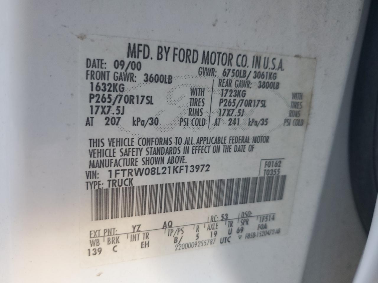 2001 Ford F150 Supercrew VIN: 1FTRW08L21KF13972 Lot: 86682795