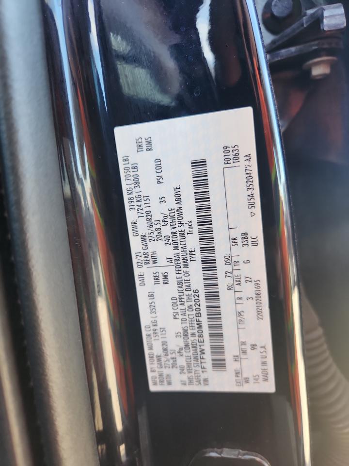 2021 Ford F150 Supercrew VIN: 1FTFW1E80MFB02026 Lot: 89579075