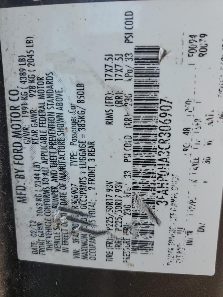 2012 Ford Fusion Se VIN: 3FAHP0HA3CR306907 Lot: 85542905