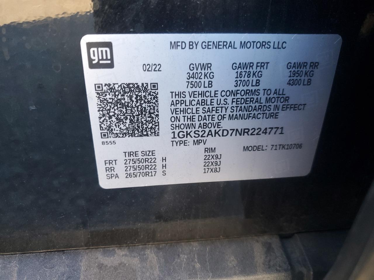 2022 GMC Yukon Sle VIN: 1GKS2AKD7NR224771 Lot: 82472085