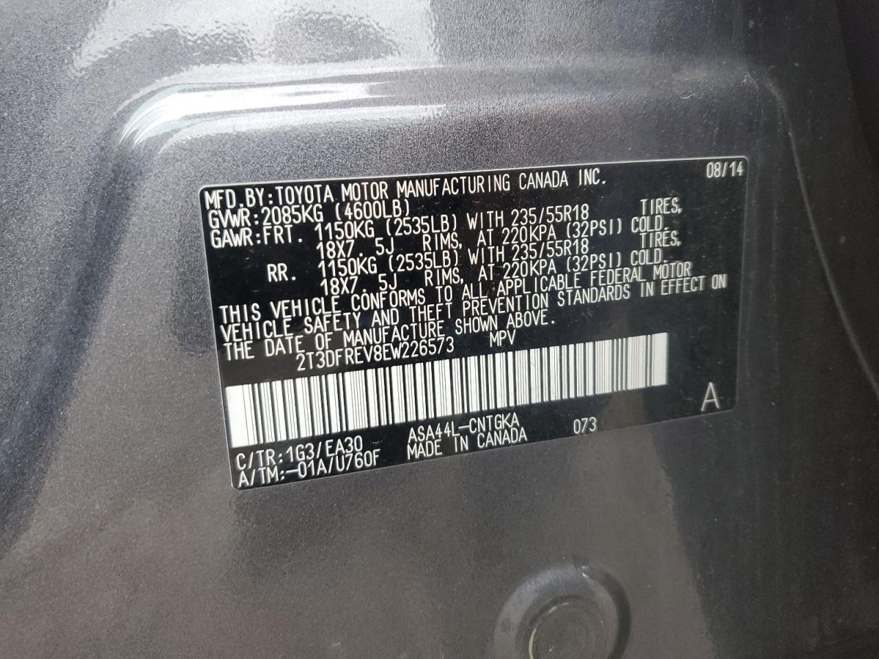 2014 Toyota Rav4 Limited VIN: 2T3DFREV8EW226573 Lot: 86453105