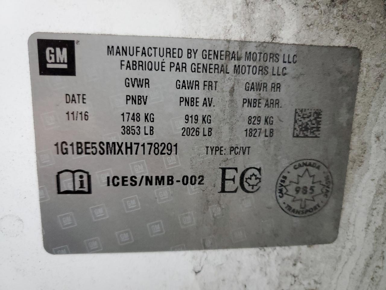 2017 Chevrolet Cruze Lt VIN: 1G1BE5SMXH7178291 Lot: 86286485