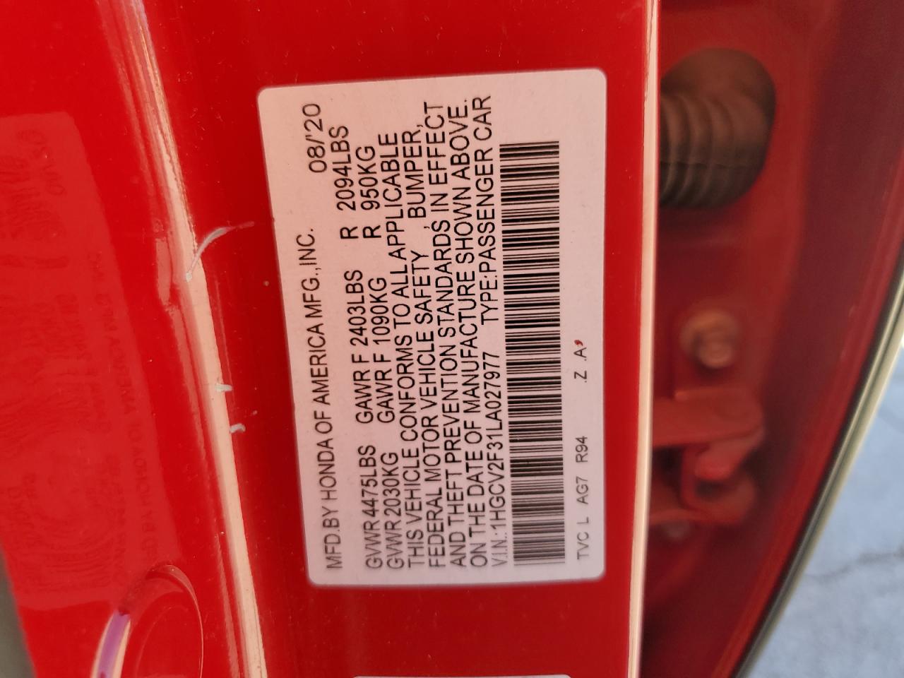 2020 Honda Accord Sport VIN: 1HGCV2F31LA027977 Lot: 84925685