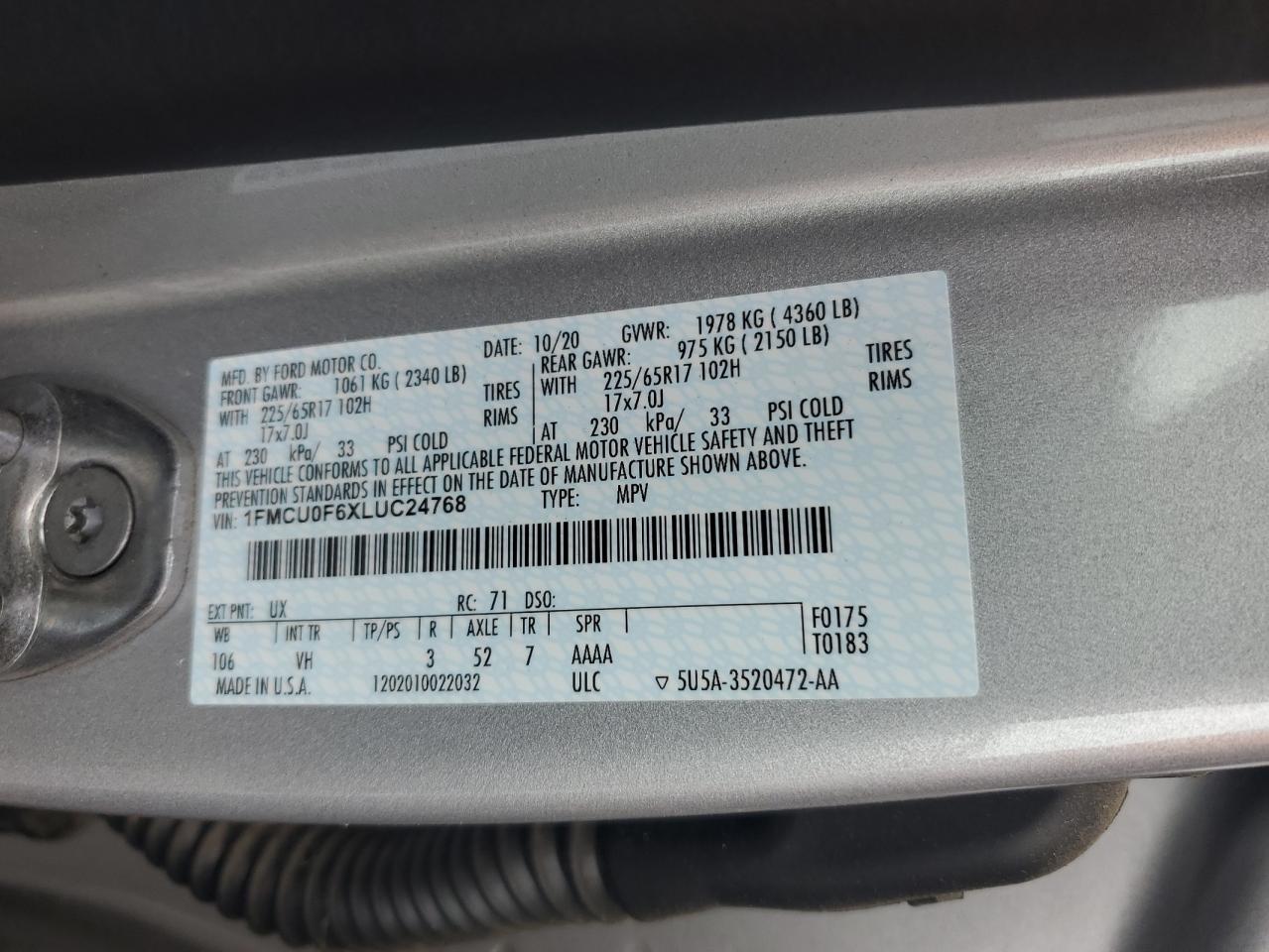 2020 Ford Escape S VIN: 1FMCU0F6XLUC24768 Lot: 81994615