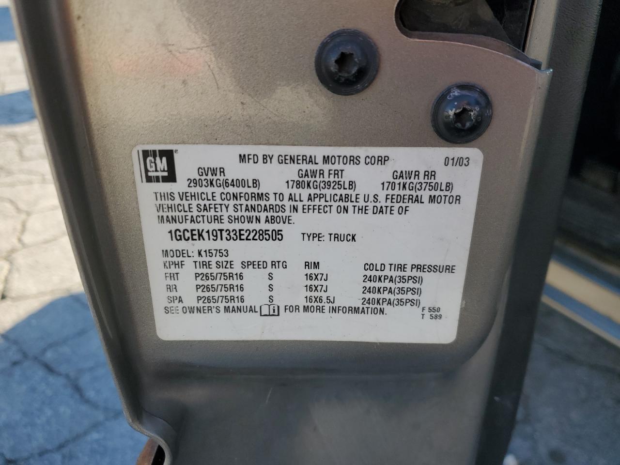 2003 Chevrolet Silverado K1500 VIN: 1GCEK19T33E228505 Lot: 84867245