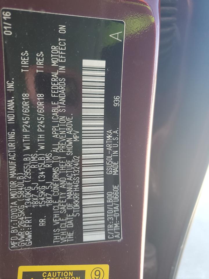 2016 Toyota Highlander Xle VIN: 5TDKKRFH4GS132402 Lot: 85891055