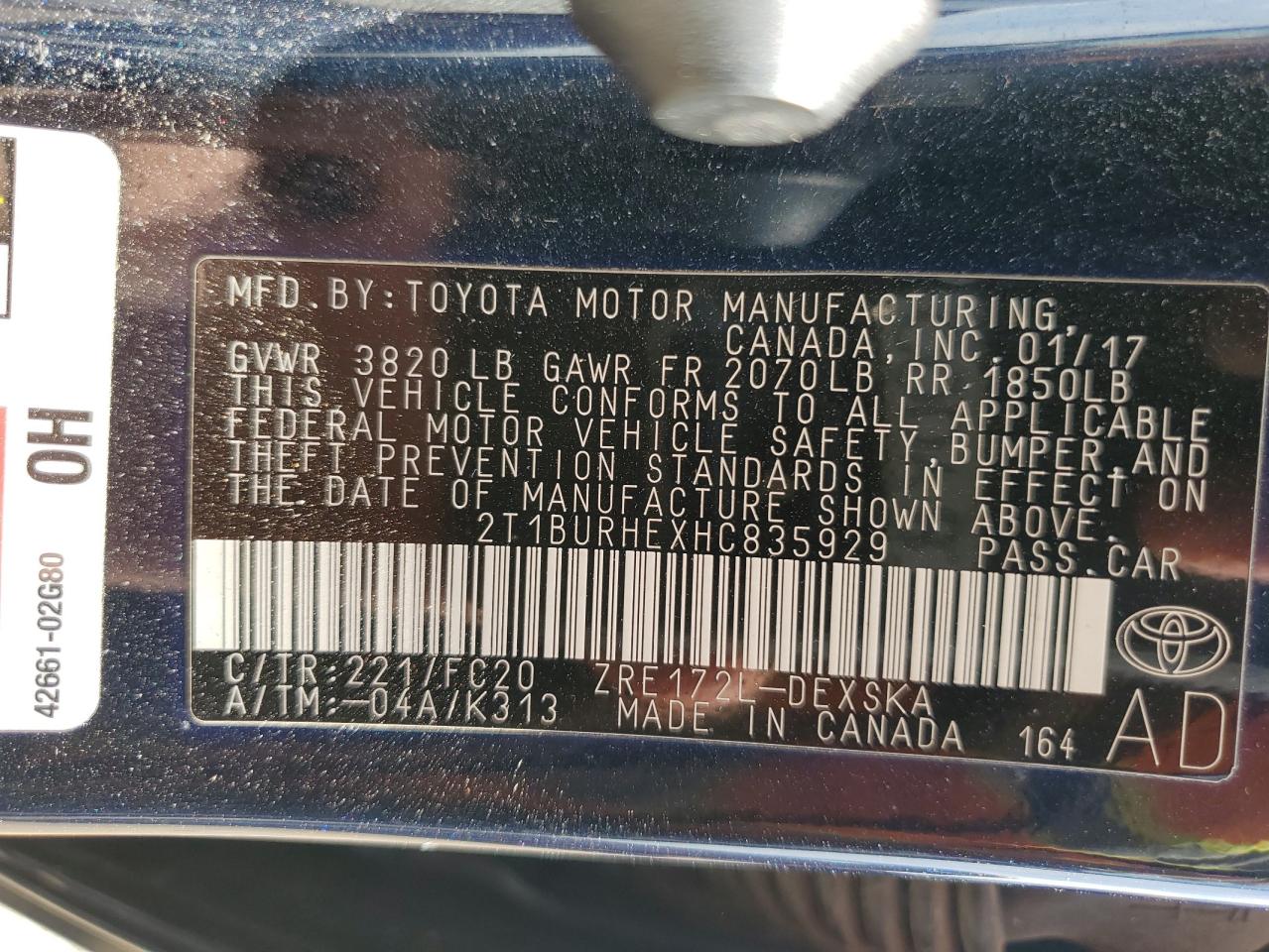 2017 Toyota Corolla L VIN: 2T1BURHEXHC835929 Lot: 84904895