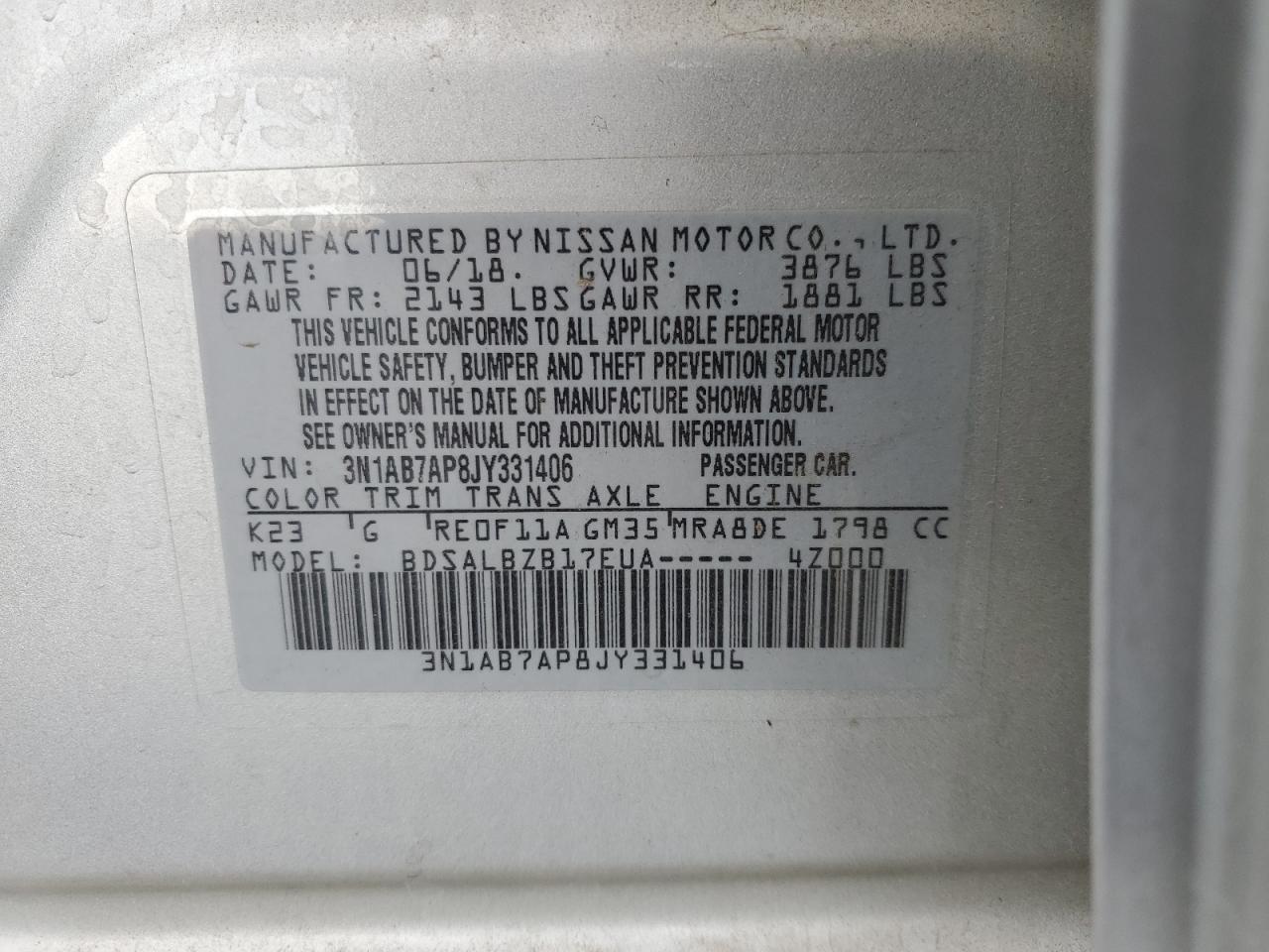 2018 Nissan Sentra S VIN: 3N1AB7AP8JY331406 Lot: 82573605