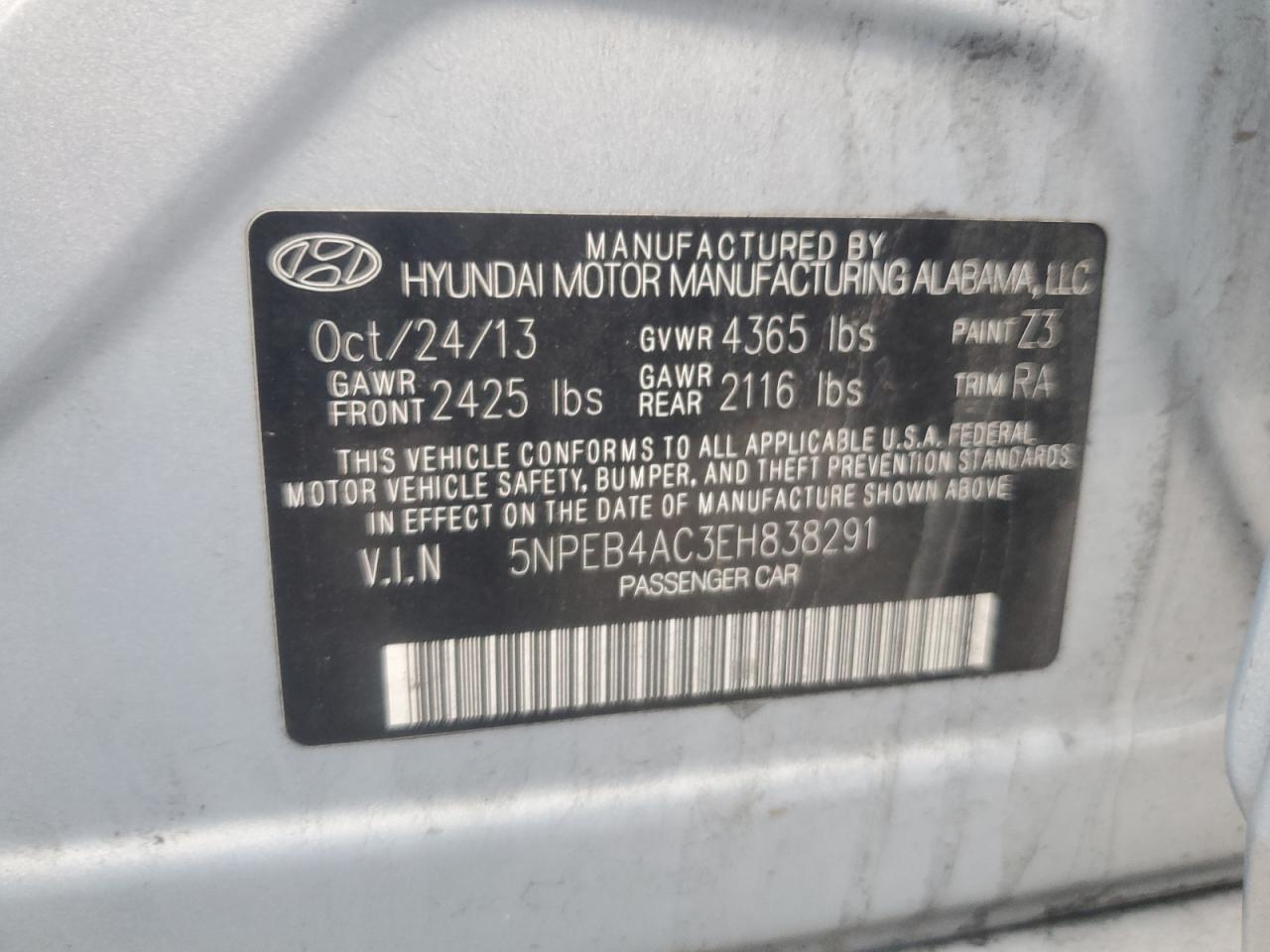 2014 Hyundai Sonata Gls VIN: 5NPEB4AC3EH838291 Lot: 81871235