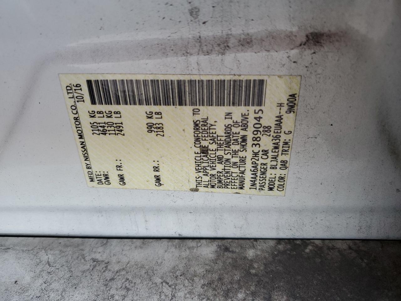 2017 Nissan Maxima 3.5S VIN: 1N4AA6AP2HC389045 Lot: 89557075