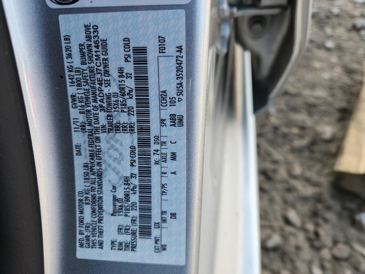 2012 Ford Fiesta Se VIN: 3FADP4EJ7CM146330 Lot: 85703115