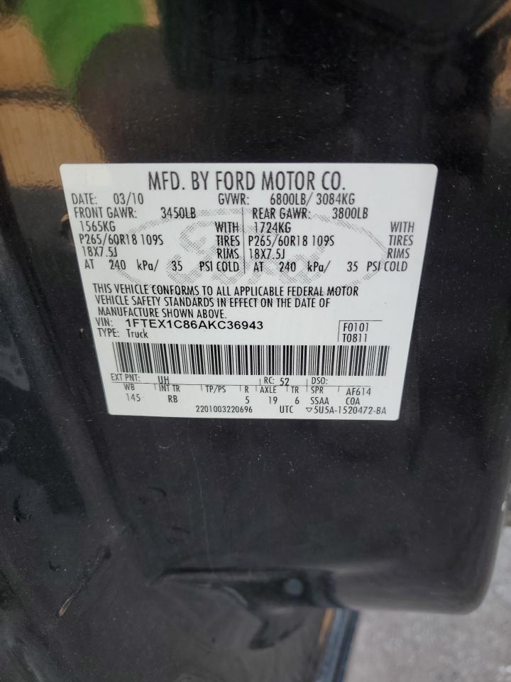 2010 Ford F150 Super Cab VIN: 1FTEX1C86AKC36943 Lot: 86702955