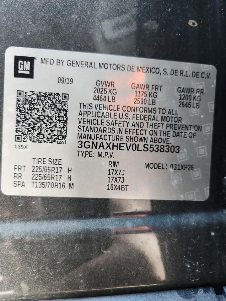 2020 Chevrolet Equinox Ls VIN: 3GNAXHEV0LS538303 Lot: 85591655