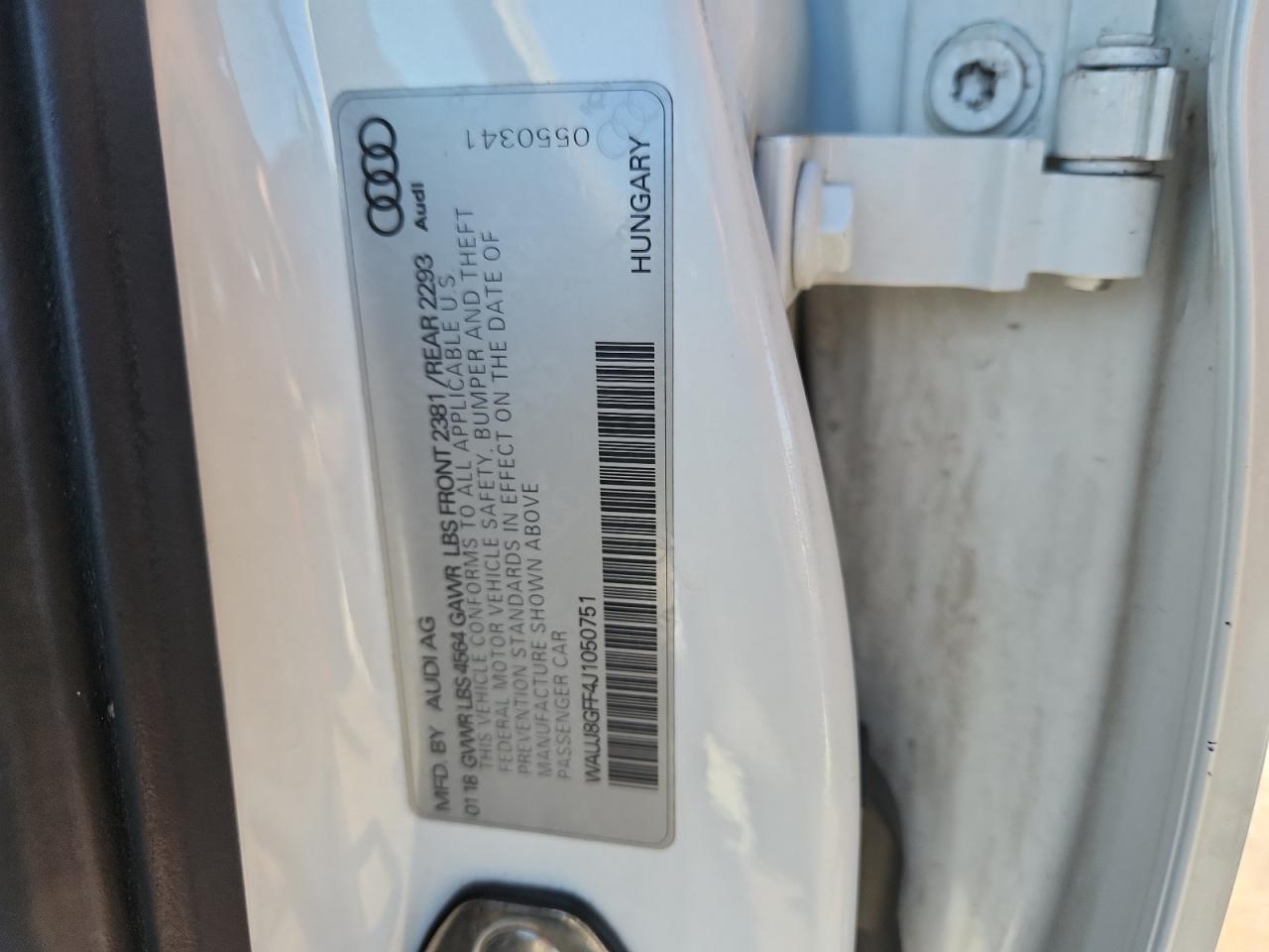 2018 Audi A3 Premium Plus VIN: WAUJ8GFF4J1050751 Lot: 87304265