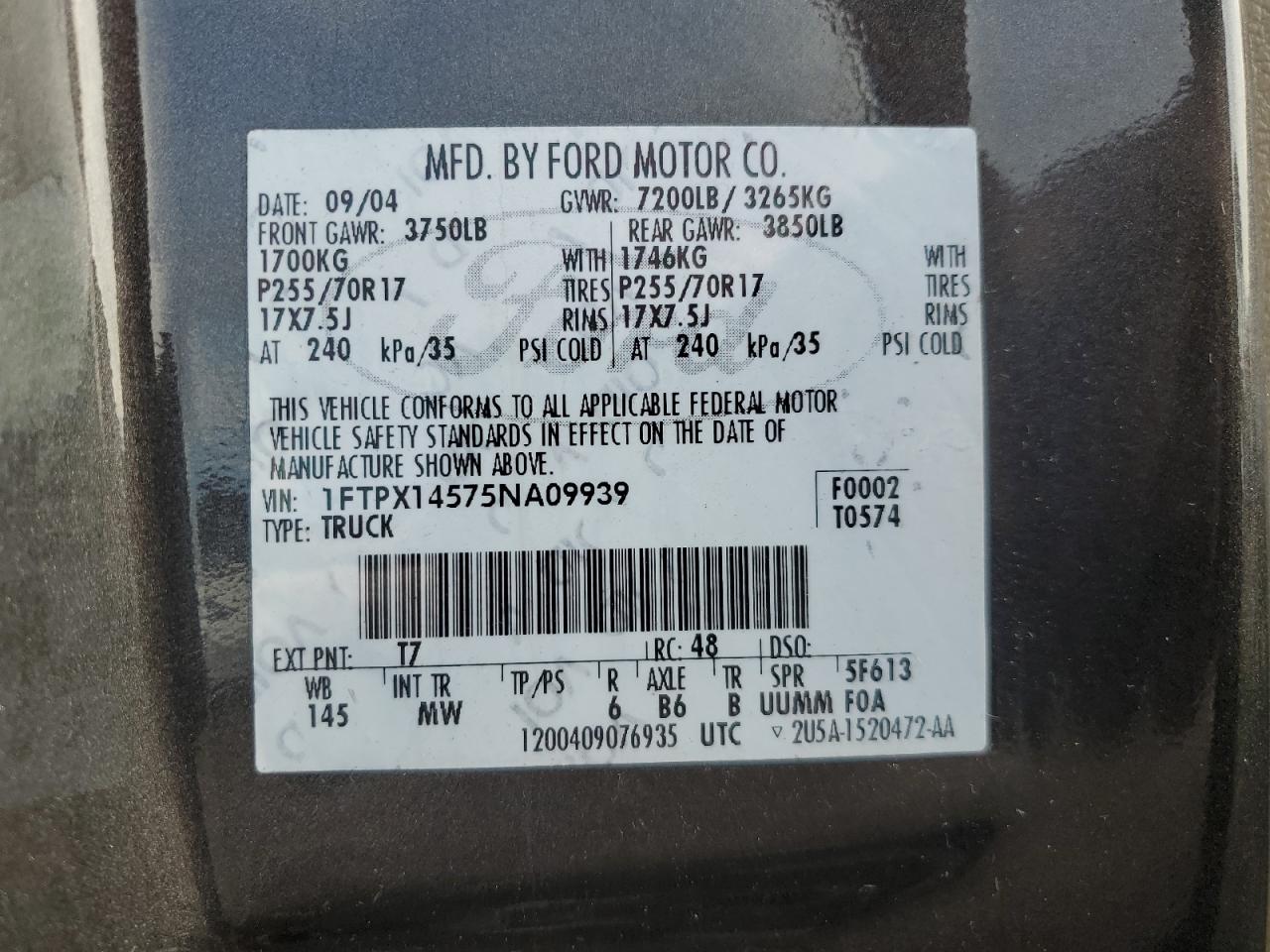 2005 Ford F150 VIN: 1FTPX14575NA09939 Lot: 85912485