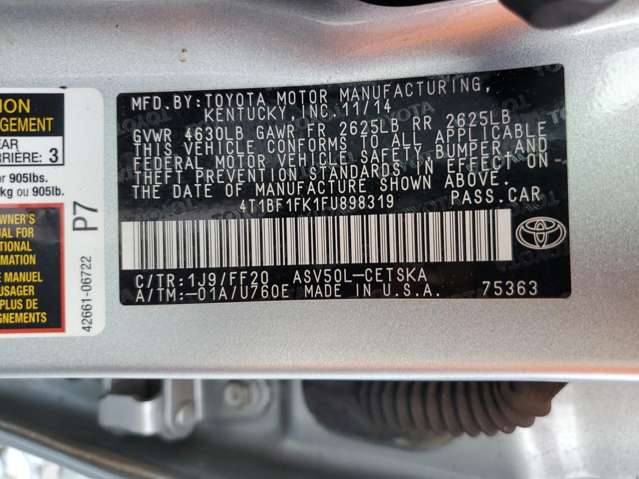 2015 Toyota Camry Le VIN: 4T1BF1FK1FU898319 Lot: 84946925