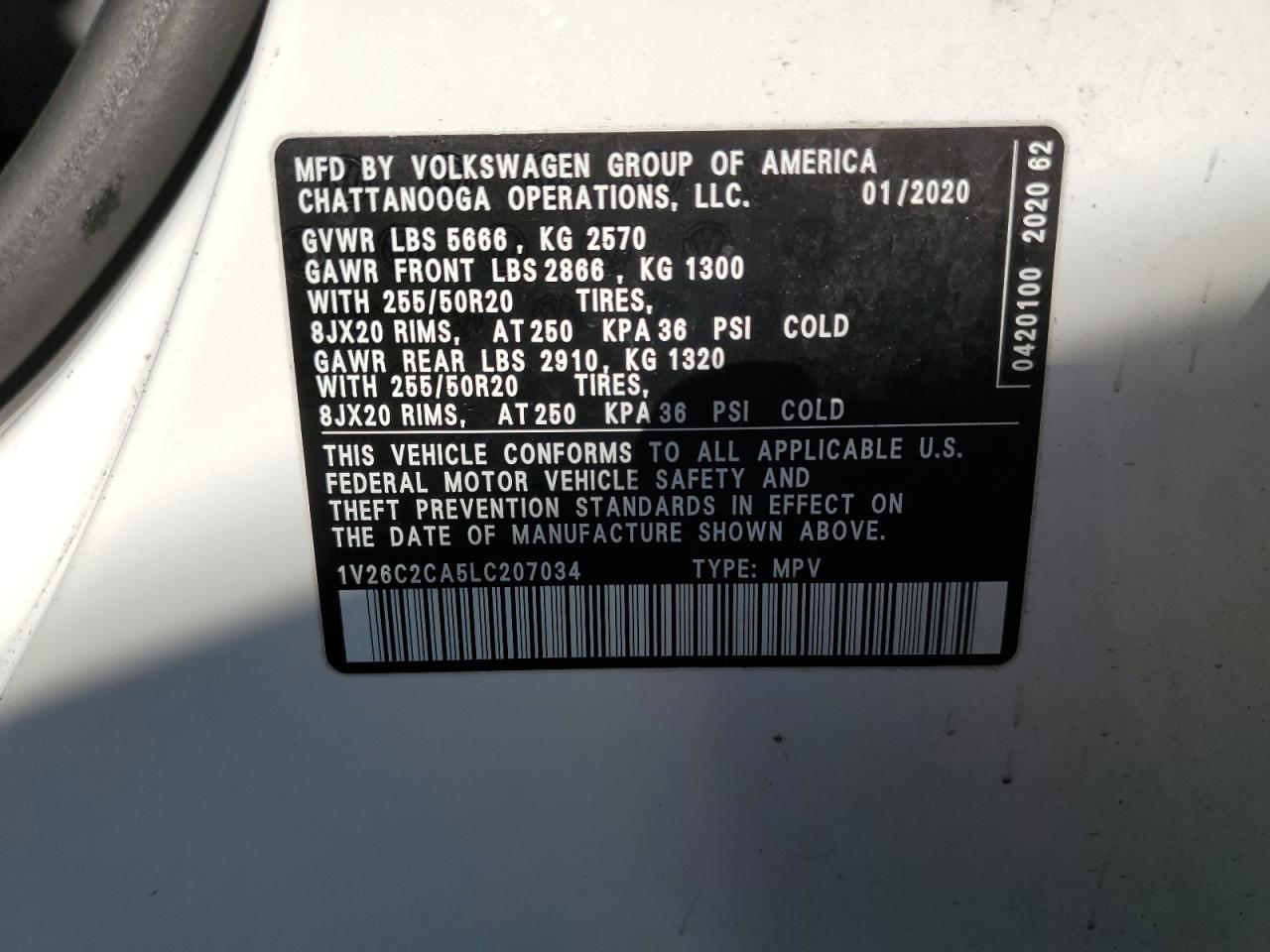 2020 Volkswagen Atlas Cross Sport Se VIN: 1V26C2CA5LC207034 Lot: 87386785