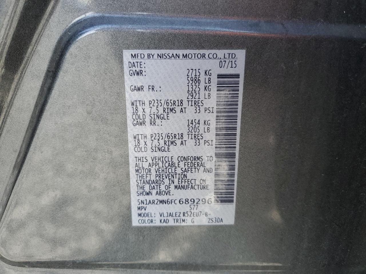 2015 Nissan Pathfinder S VIN: 5N1AR2MN6FC689296 Lot: 90376625