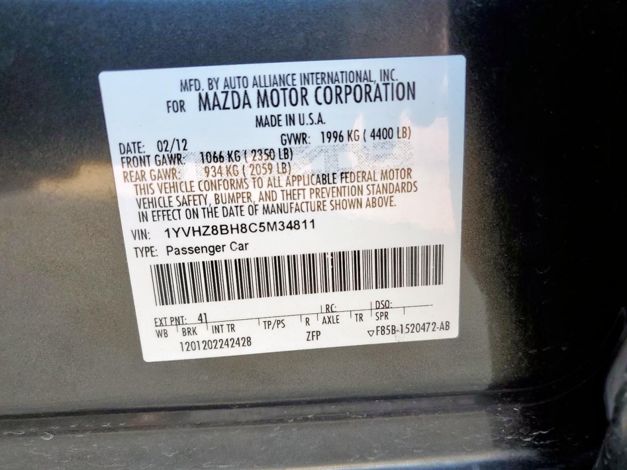 2012 Mazda 6 I VIN: 1YVHZ8BH8C5M34811 Lot: 84364905