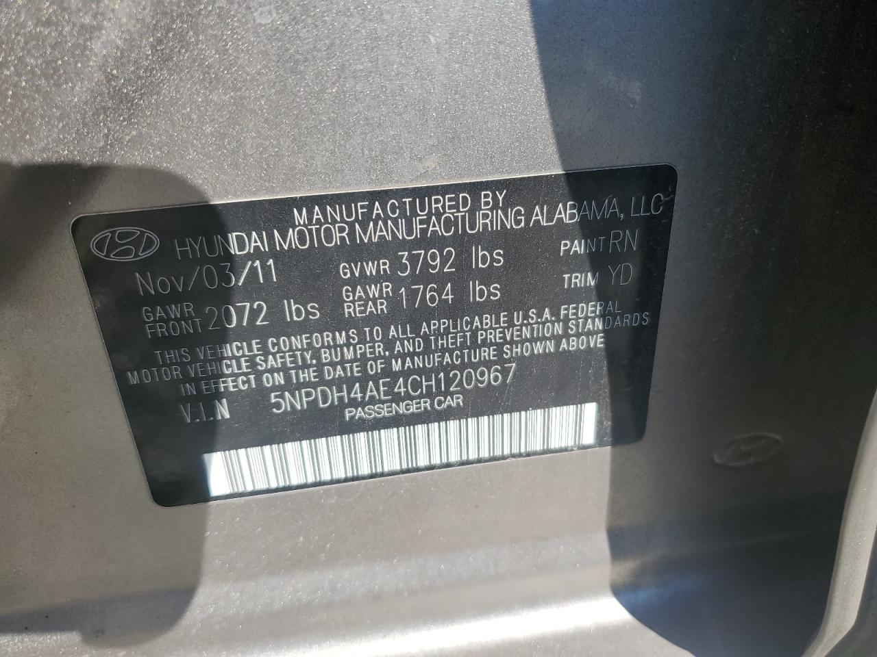 2012 Hyundai Elantra Gls VIN: 5NPDH4AE4CH120967 Lot: 86121785