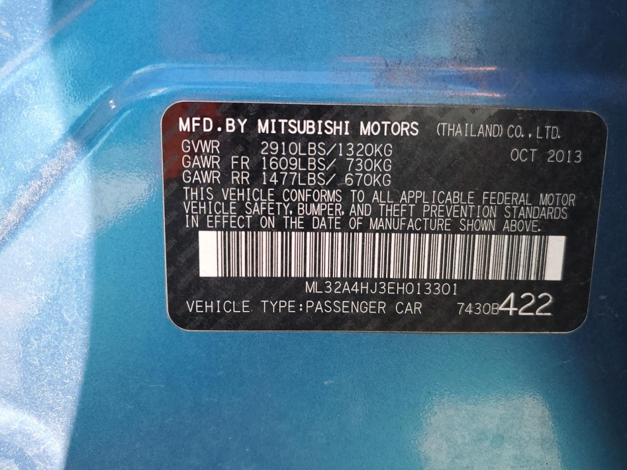 2014 Mitsubishi Mirage Es VIN: ML32A4HJ3EH013301 Lot: 85411035