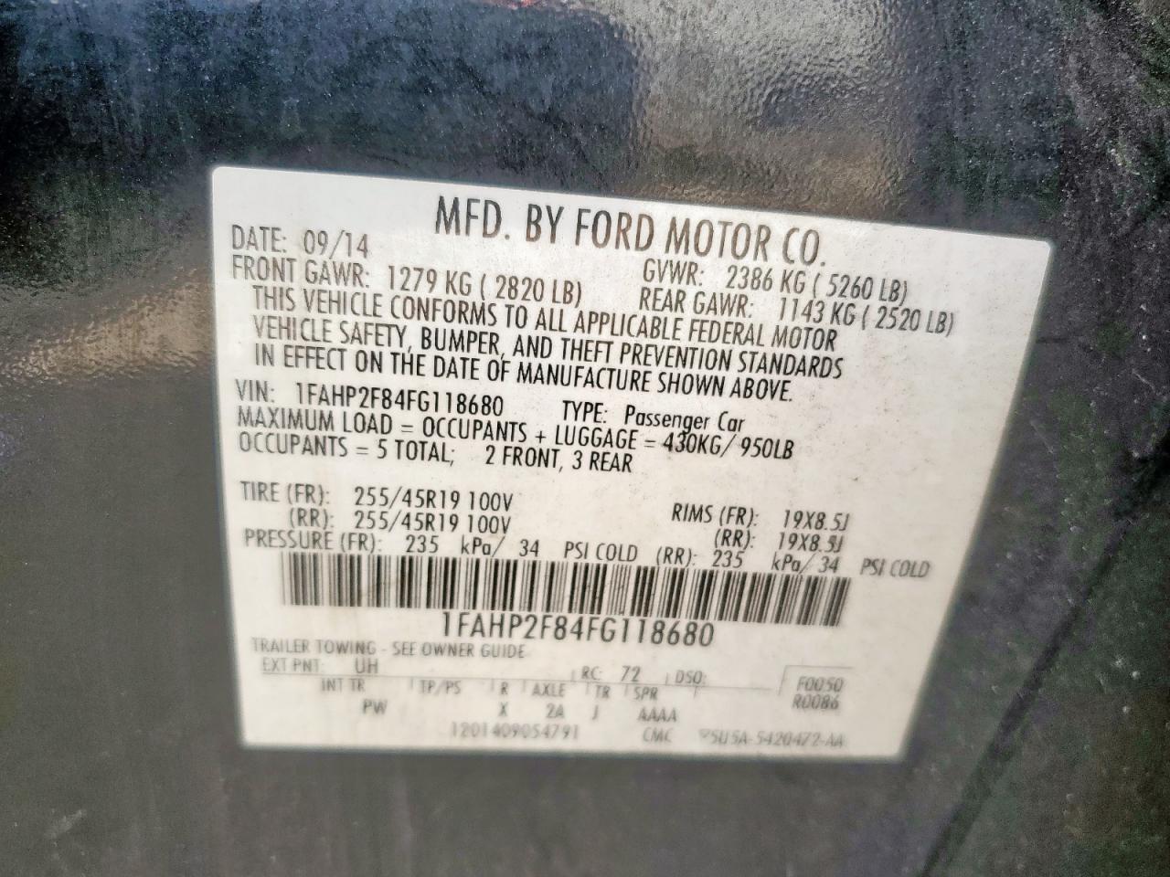 2015 Ford Taurus Limited VIN: 1FAHP2F84FG118680 Lot: 85324555
