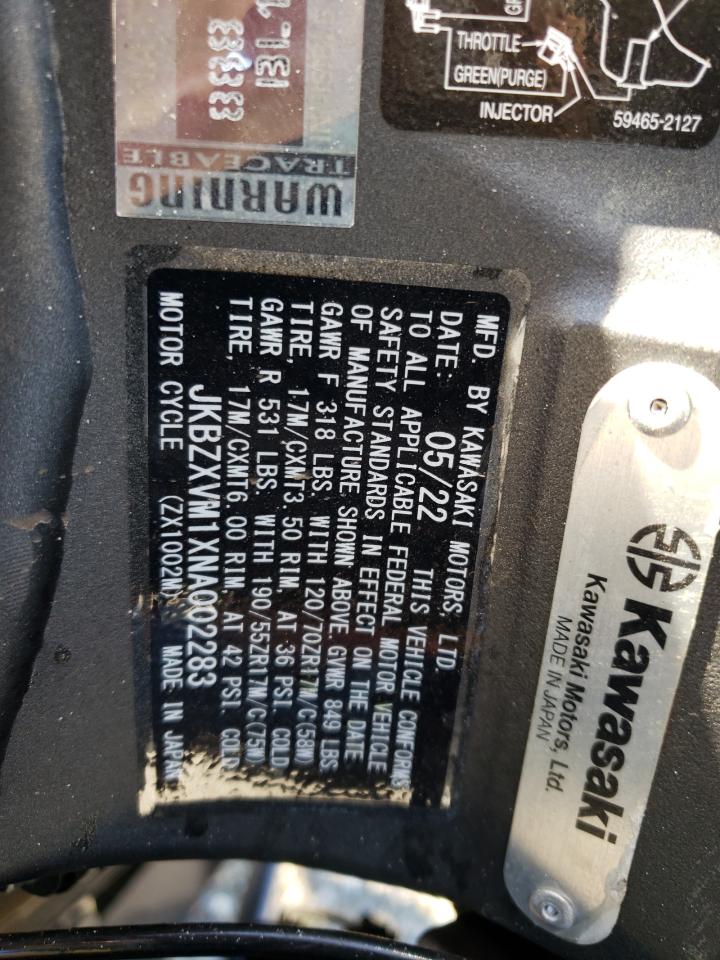 2022 Kawasaki Zx1002 M VIN: JKBZXVM1XNA002283 Lot: 85663945