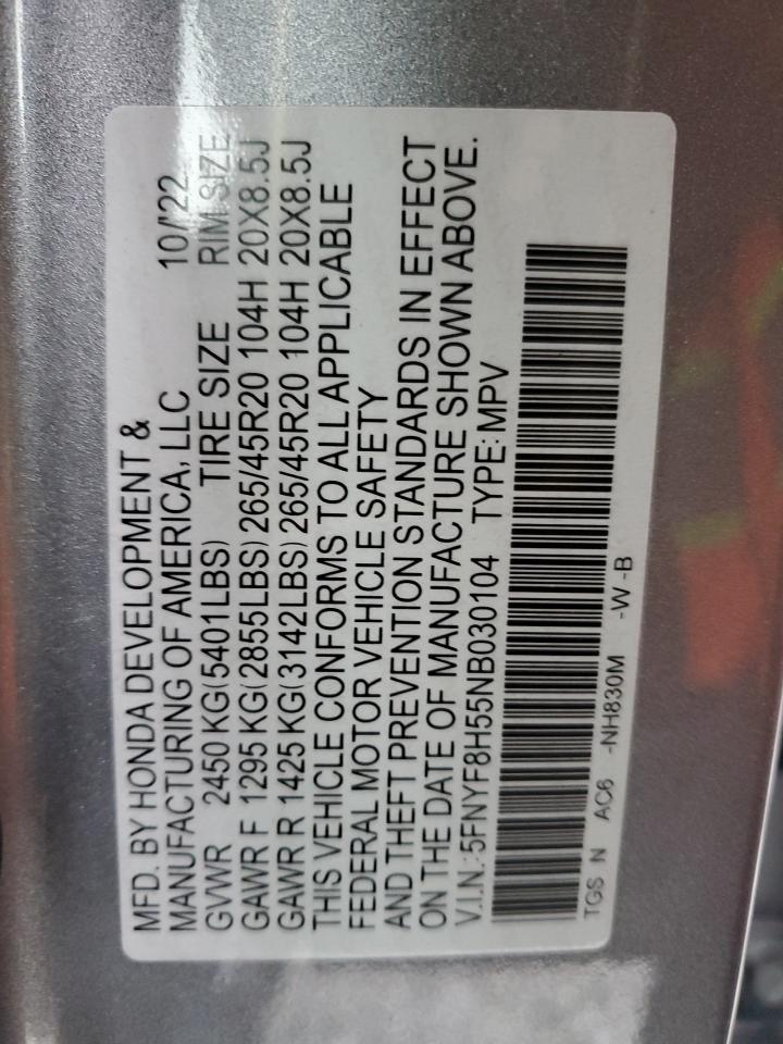 2022 Honda Passport Exl VIN: 5FNYF8H55NB030104 Lot: 90261515
