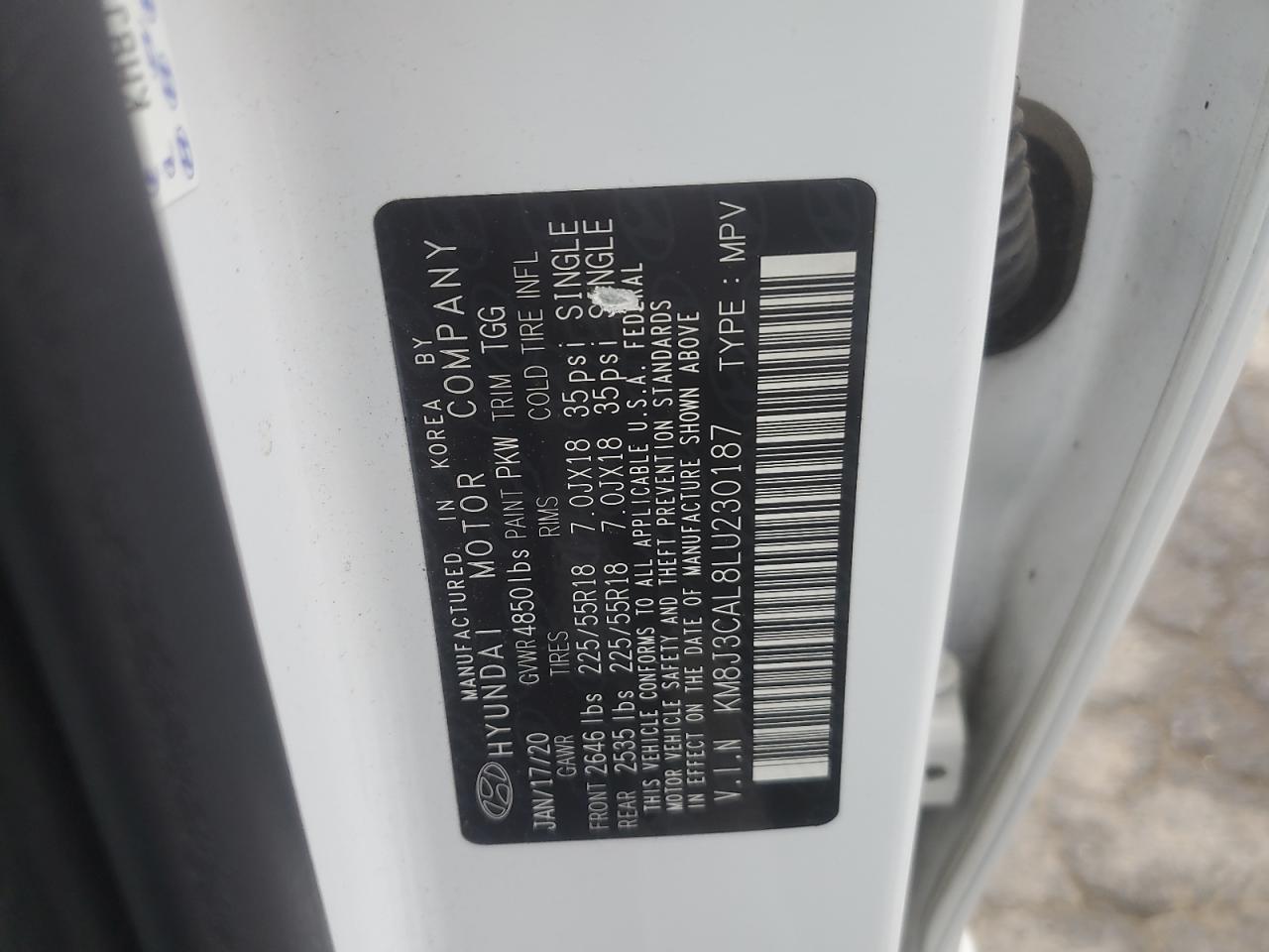 2020 Hyundai Tucson Limited VIN: KM8J3CAL8LU230187 Lot: 85707305