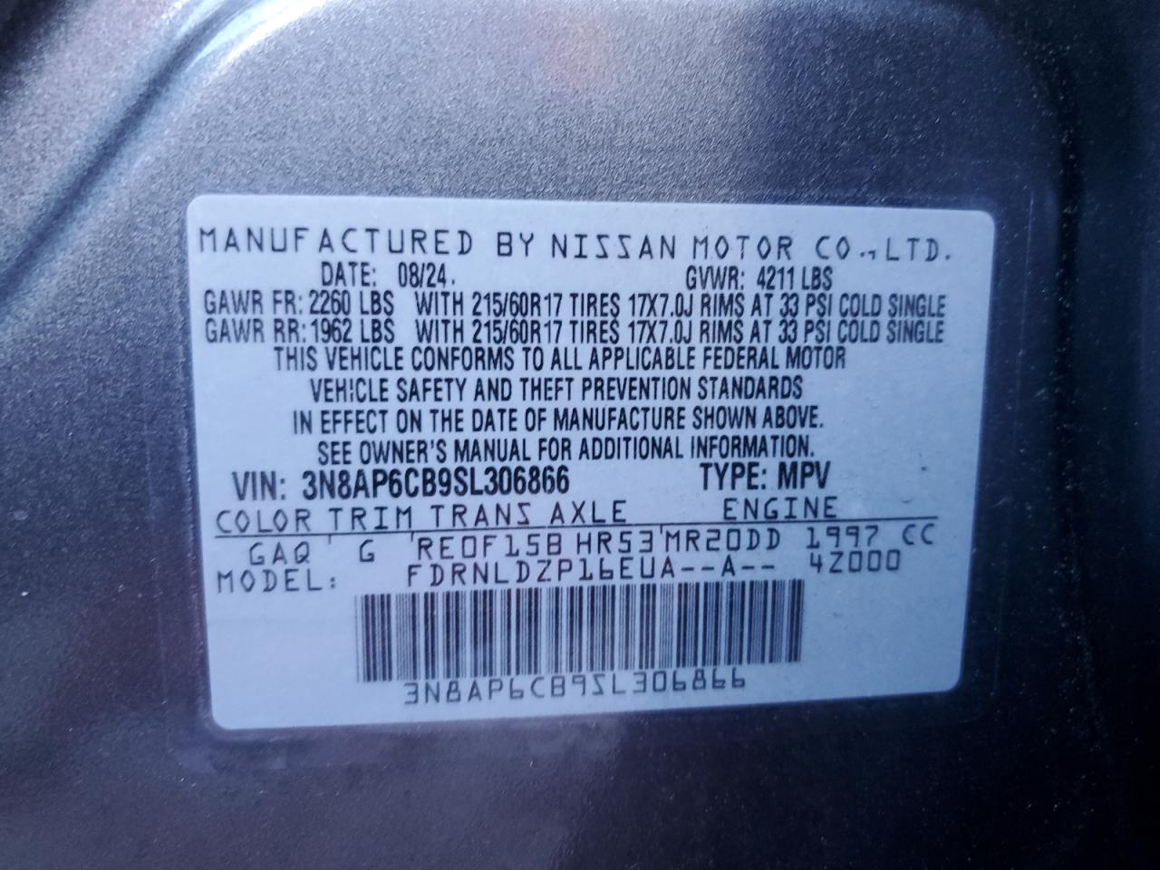 2025 Nissan Kicks Sv VIN: 3N8AP6CB9SL306866 Lot: 85733505