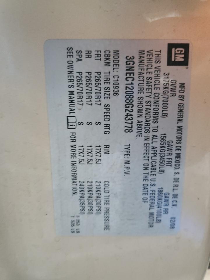 2008 Chevrolet Avalanche C1500 VIN: 3GNEC12088G243778 Lot: 85102035