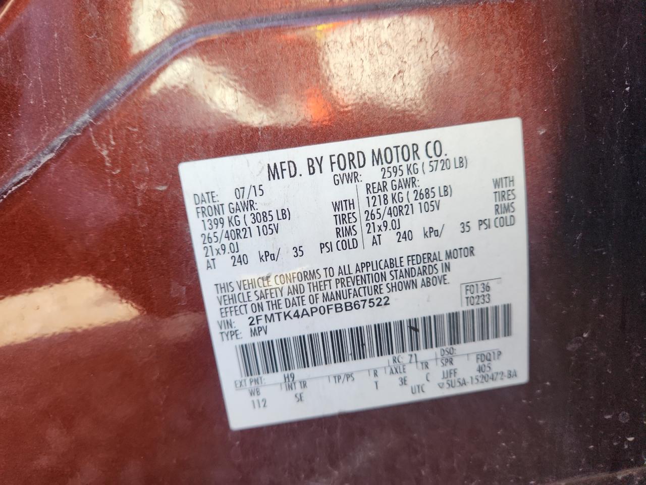 2015 Ford Edge VIN: 2FMTK4AP0FBB67522 Lot: 82435055