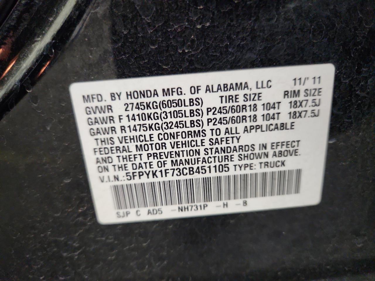 2012 Honda Ridgeline Sport VIN: 5FPYK1F73CB451105 Lot: 82645315