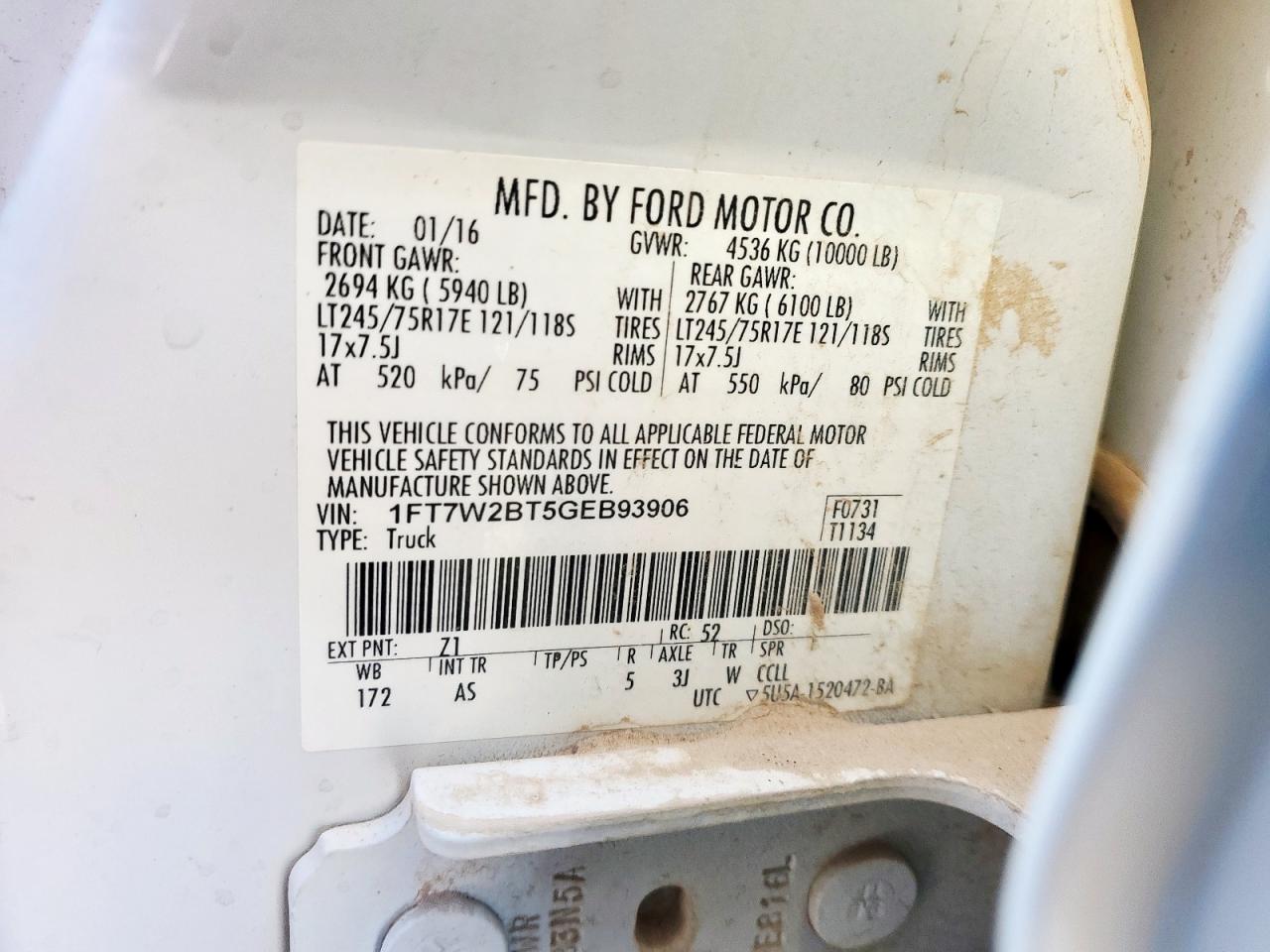 2016 Ford F250 Super Duty VIN: 1FT7W2BT5GEB93906 Lot: 87241995