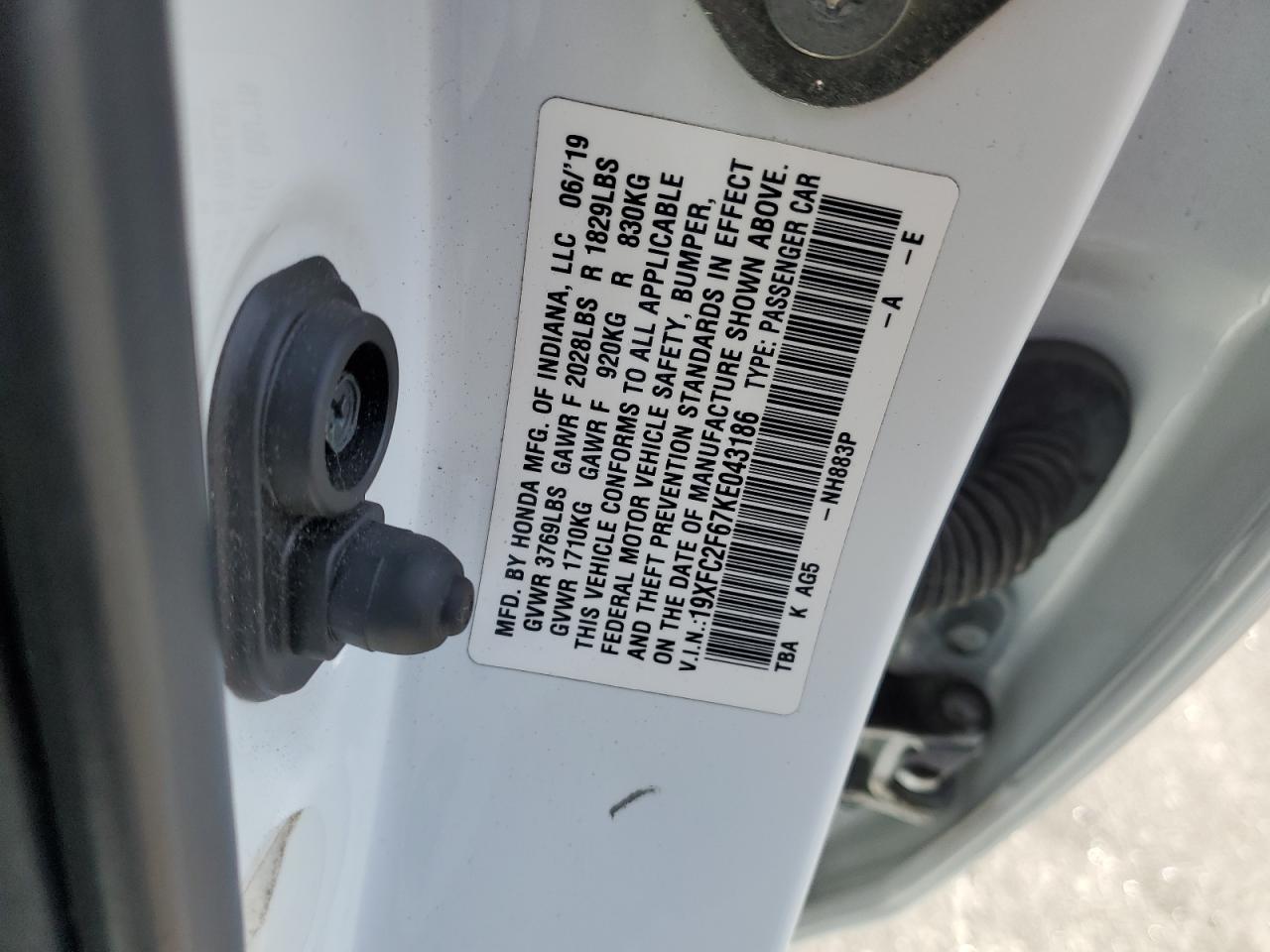 2019 Honda Civic Lx VIN: 19XFC2F67KE043186 Lot: 82313405