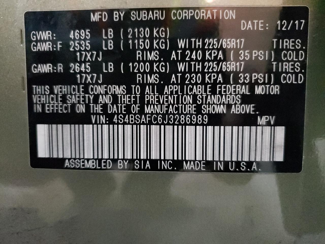 2018 Subaru Outback 2.5I Premium VIN: 4S4BSAFC6J3286989 Lot: 86085705