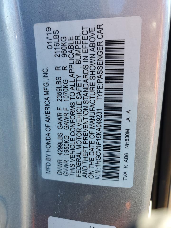 2019 Honda Accord Lx VIN: 1HGCV1F15KA049231 Lot: 86791805