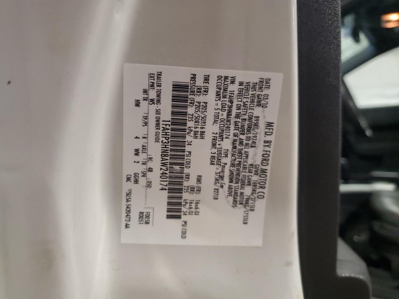 2010 Ford Focus Sel VIN: 1FAHP3HN8AW240174 Lot: 86127865