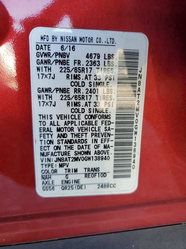 2016 Nissan Rogue S VIN: JN8AT2MV0GW138940 Lot: 84264635