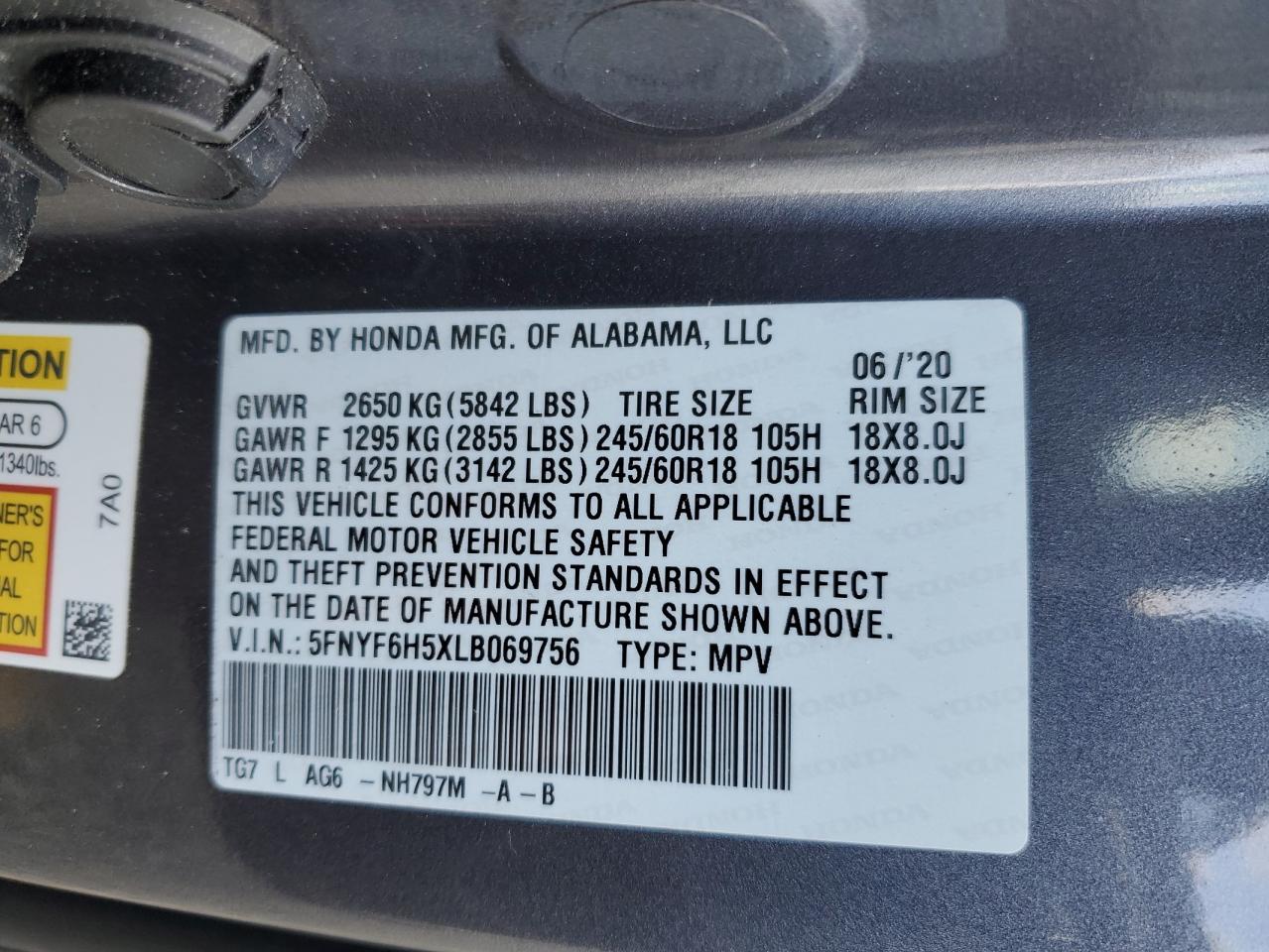 2020 Honda Pilot Exl VIN: 5FNYF6H5XLB069756 Lot: 89505185