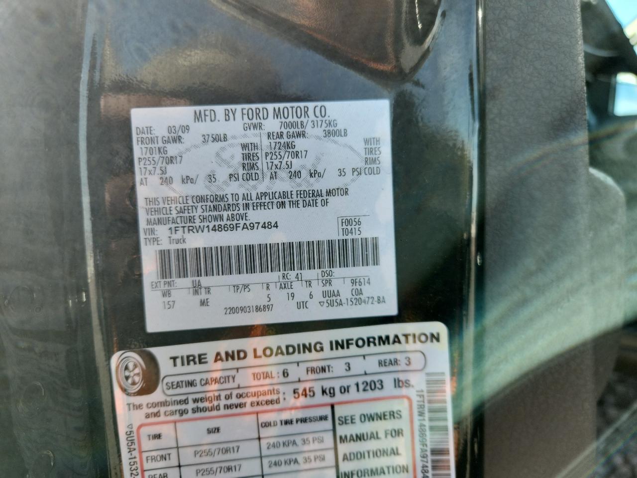 2009 Ford F150 Supercrew VIN: 1FTRW14869FA97484 Lot: 89814015
