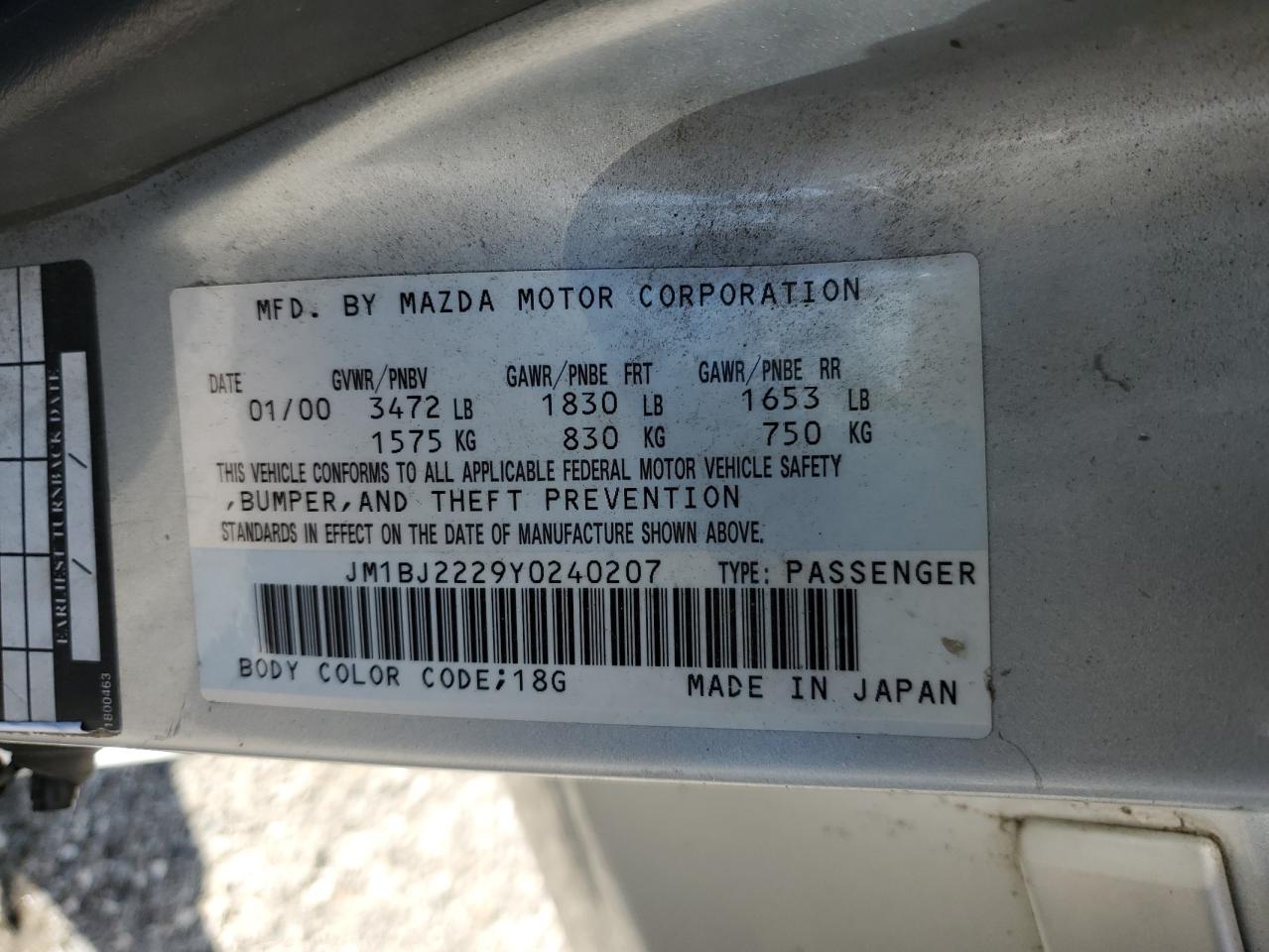 2000 Mazda Protege Dx VIN: JM1BJ2229Y0240207 Lot: 89847325