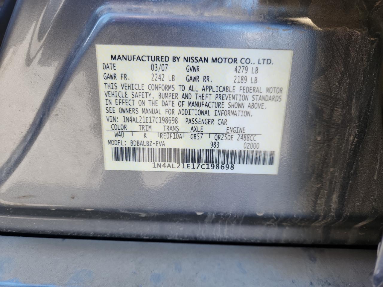 2007 Nissan Altima 2.5 VIN: 1N4AL21E17C198698 Lot: 85897645