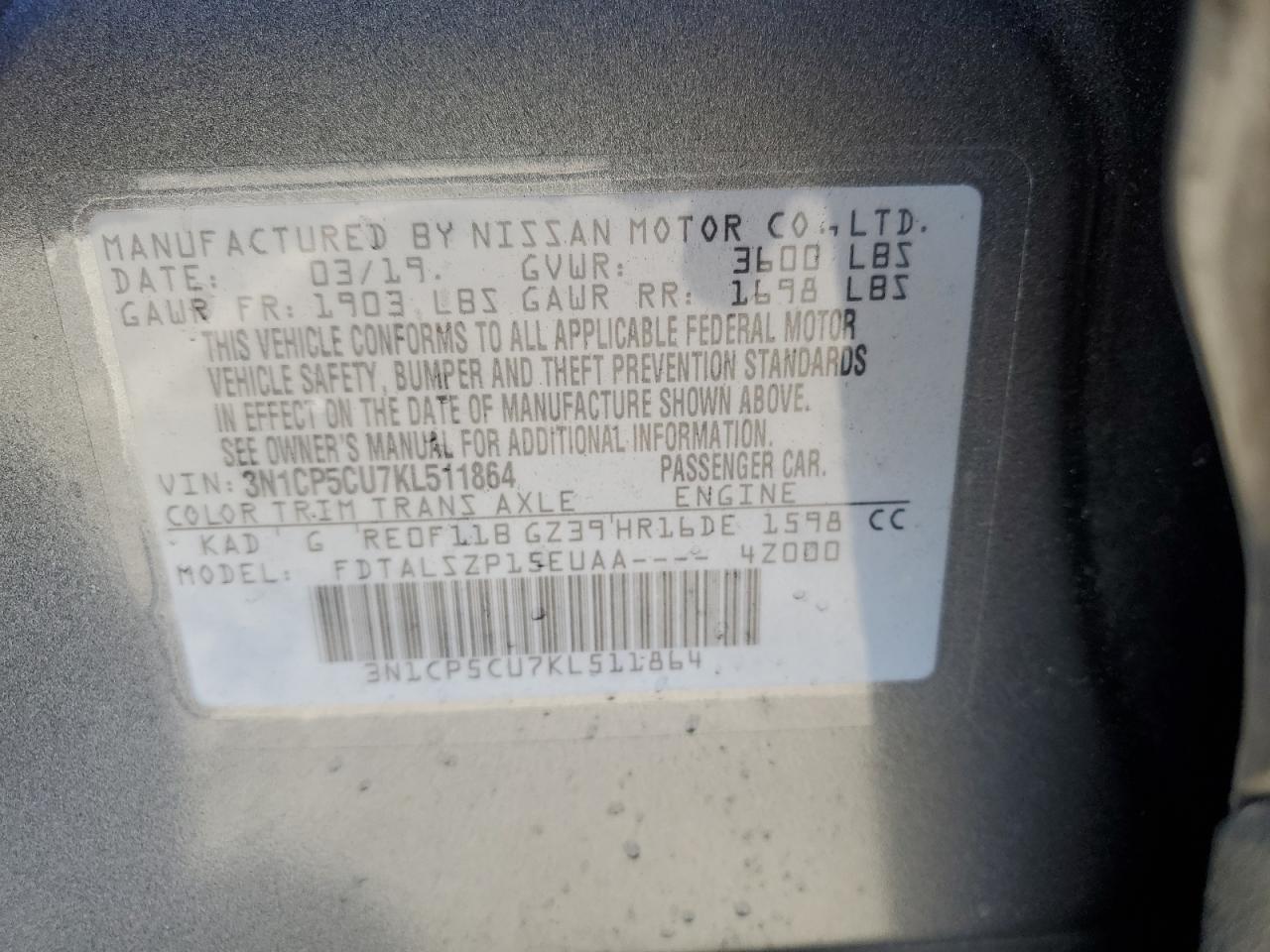 2019 Nissan Kicks S VIN: 3N1CP5CU7KL511864 Lot: 89699525