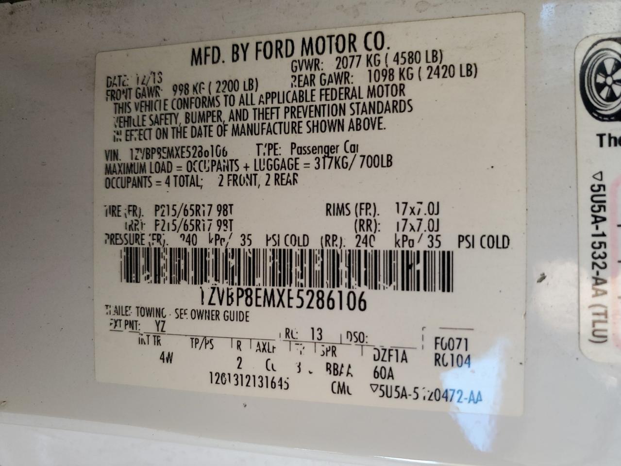 2014 Ford Mustang VIN: 1ZVBP8EMXE5286106 Lot: 84814985