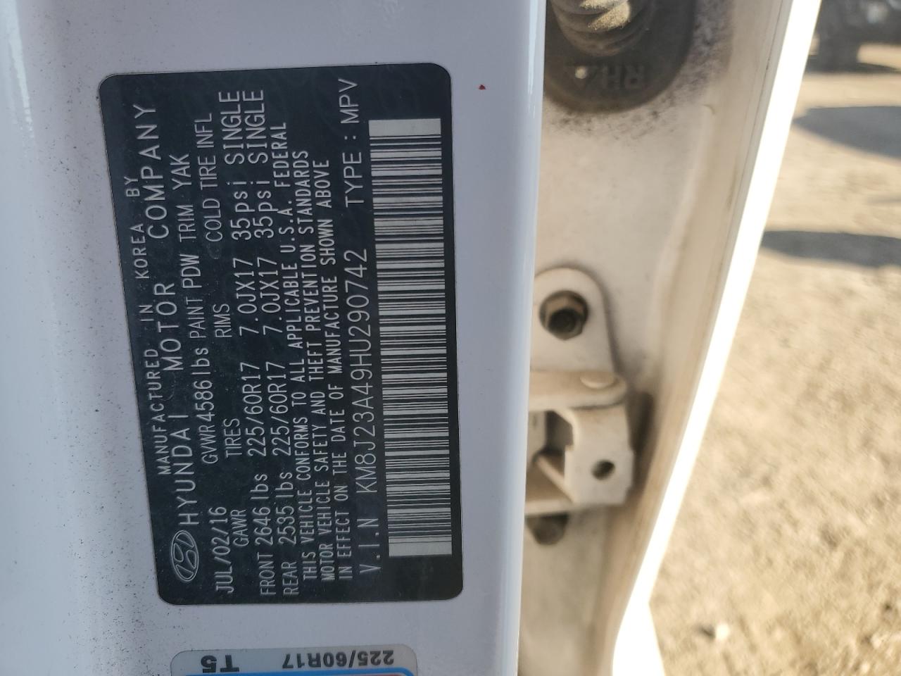 2017 Hyundai Tucson Se VIN: KM8J23A49HU290742 Lot: 85763415